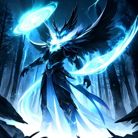 Within a mystical forest, a powerful sorcerer stands amidst swirling auras of vibrant energy, their commanding presence radiating a brilliant glow that illuminates the ancient trees. In the background, an awe-inspiring celestial phenomenon bathes the scene in an otherworldly light, while the sorcerer, a central figure, channels their mystical prowess, the very air pulsating with the epic energy they command.