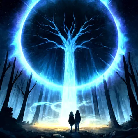 Within a mystical forest, a powerful sorcerer stands amidst swirling auras of vibrant energy, their commanding presence radiating a brilliant glow that illuminates the ancient trees. In the background, an awe-inspiring celestial phenomenon bathes the scene in an otherworldly light, while the sorcerer, a central figure, channels their mystical prowess, the very air pulsating with the epic energy they command.
