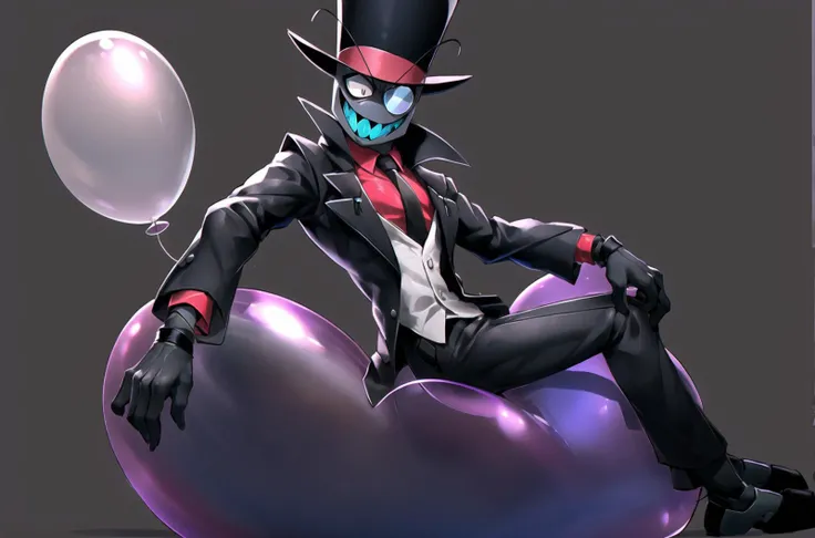 Blackhat from Villainous, solo, (white eye with black pupil:1.2), black top hat, monocle, black top coat, red shirt, black tie, (white vest:0.3), black pants, translucent balloon, detailed balloon, realistic balloon, tied balloon, sitting on a balloon, straddling, grinding, rubbing, from side, side view, leaning forward, blue balloon, simple background <lora:blackhat_v1:0.7>,  <lora:sitpop-sd15:0.4>,  <lora:SSM:0.6>