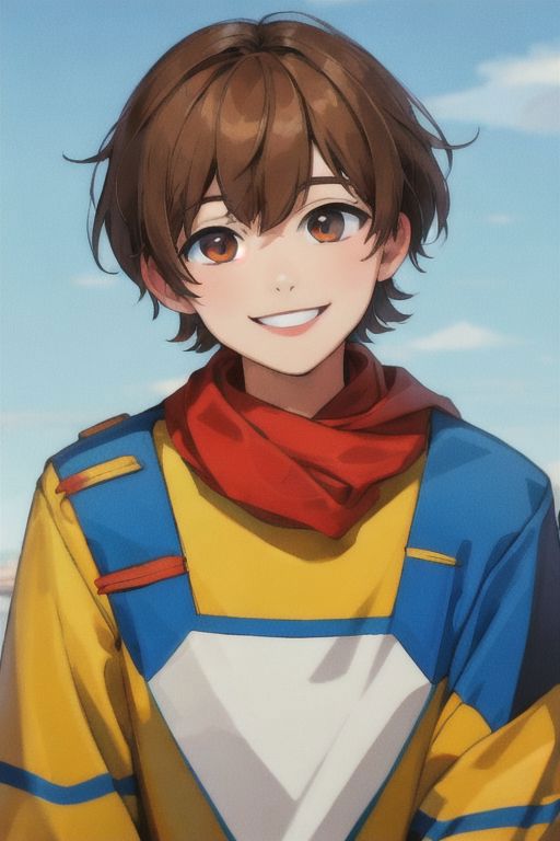 A young man in a yellow and blue shirt and red scarf - SeaArt AI