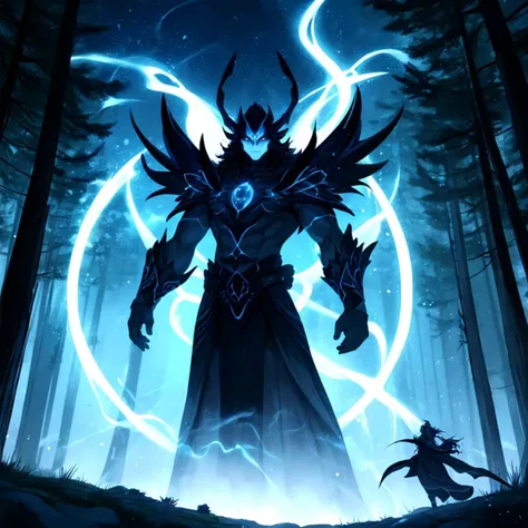 Within a mystical forest, a powerful sorcerer stands amidst swirling auras of vibrant energy, their commanding presence radiating a brilliant glow that illuminates the ancient trees. In the background, an awe-inspiring celestial phenomenon bathes the scene in an otherworldly light, while the sorcerer, a central figure, channels their mystical prowess, the very air pulsating with the epic energy they command.