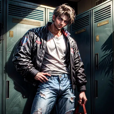 (masterpiece, best quality, ultra-detailed, best shadow), hyper detail, high resolution, high quality, 8k, epic, raw photo, dslr, 1boy, tan skin, short black hair, jock, tall, handsome, masculine, school, lockers,football jacket, ripped jeans, <lora:add_detail:1>, 1990 \(style\), 90, 1990s, 90s heartthrob, cozy lighting, vintage, cowboy shot, leaning against locker <lora:add_detail:1>, <lora:AQMLORA-V5:0.5>, <lora:bulgerk-dickprint:0.6>