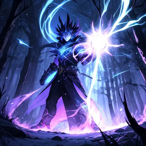 Within a mystical forest, a powerful sorcerer stands amidst swirling auras of vibrant energy, their commanding presence radiating a brilliant glow that illuminates the ancient trees. In the background, an awe-inspiring celestial phenomenon bathes the scene in an otherworldly light, while the sorcerer, a central figure, channels their mystical prowess, the very air pulsating with the epic energy they command.