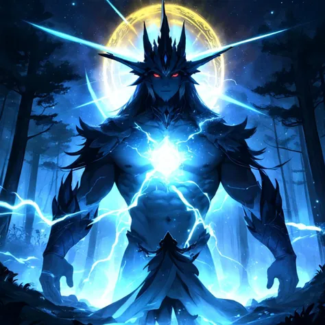 Within a mystical forest, a powerful sorcerer stands amidst swirling auras of vibrant energy, their commanding presence radiating a brilliant glow that illuminates the ancient trees. In the background, an awe-inspiring celestial phenomenon bathes the scene in an otherworldly light, while the sorcerer, a central figure, channels their mystical prowess, the very air pulsating with the epic energy they command.