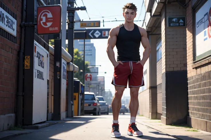 1man dg_ChadMM,a man in a blue tank top and red shorts,standing up against a wall,wearing a muscle tee shirt,red shorts,sneakers,tank top,standing,full body realistic,subway station,station signs,exquisite and smooth detail,(jock),short hair,undercut,androgenic,(gym bag),
<lora:dg_ChadMMv1:0.8>,