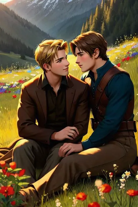 A perfect gay couple of lovers, 2boys, first man dark brown short hair and second man blond hair, dark brown eyes, sitting on the ground, romance fantasy movie, flowers, in the hillside
film grain, photorealsitic, soft light, exposure blend, medium shot, realistic illustration,