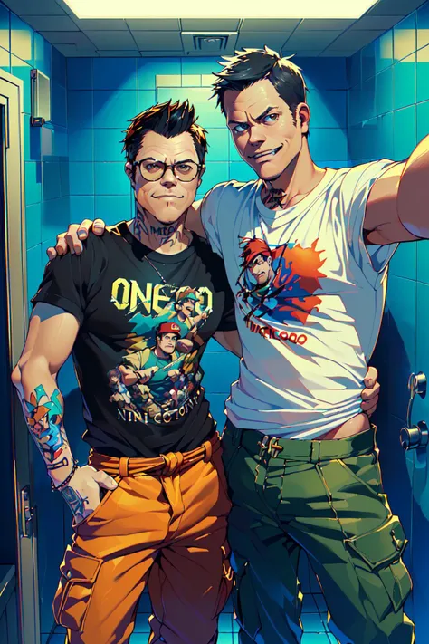 ((realistic, best quality, high-res, very aesthetic, best quality, by nonco, by optionaltypo, by hungry_clicker, ((punk, different characters, 2boys)), Capcom, snk, official_art)) bathroom, selfie, black t-shirt, cargo pants, cocky smile, ((arm around waist, selfie)),<lora:EMS-179-EMS:-0.200000>