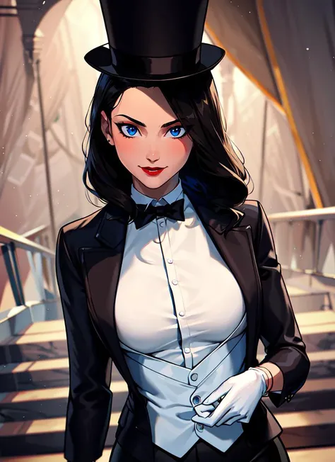 ((best quality)), ((highly detailed)), masterpiece, absurdres, (detailed eyes, deep eyes), (1girl), dutch_angle, upper body, <lora:zatanna:.7>, zatanna, black hair, long hair, blue eyes, medium breasts, red lips, smiling, white shirt, black bowtie, black jacket, top hat, leotard, <lora:Fishnet:.3>, fishnets, fishnet pantyhose, skindentation, white gloves, high heels, (inside, in a stairway)