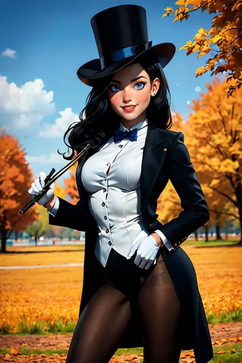 zatanna, black hair,blue eyes, top hat, bowtie, gloves, pantyhose, black coat, white shirt, black leotard, fishnet, looking at viewer,smiling,
standing, outisde, park, field, trees, autumn, holding a wand, blue sky, extreme detail, masterpiece, <lora:zatanna:.6>