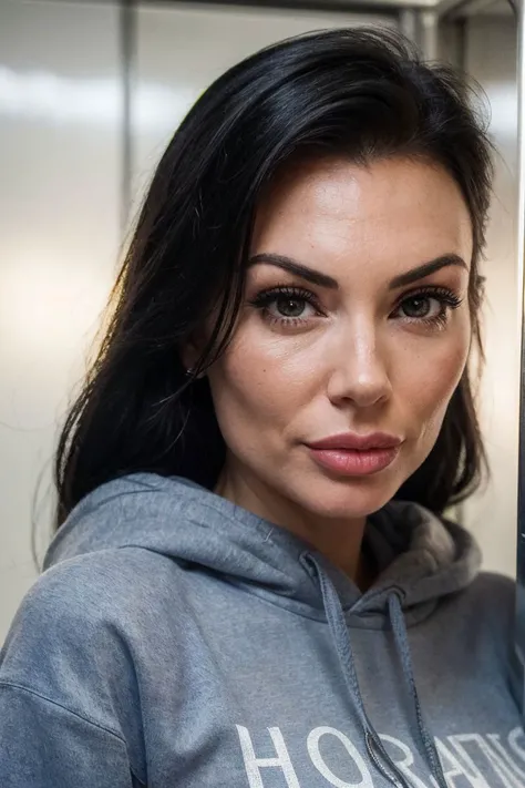 closeup headshot of S188_YvonneBar,a beautiful woman,in an (elevator:1.1),wearing a (sweatshirt:1.2),(8k, RAW photo, best quality, depth of field, ultra high res:1.2),(absurdres, intricate, photorealistic, masterpiece, ultra-detailed:1.3),