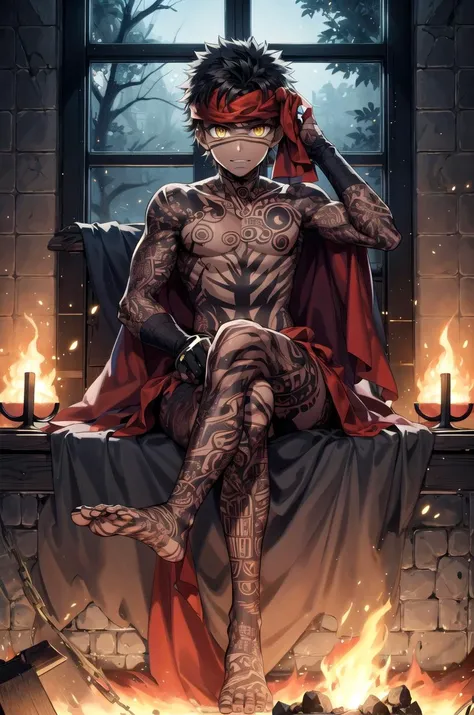 masterpiece,best quality, 1boy, solo, male focus, indoors, fire, sitting, crossed legs, looking at viewer,
angra mainyu, bandana, topless male, waist cloth, barefoot, <lora:AngraMainyuV5:0.95>, <lora:more_details:0.44>