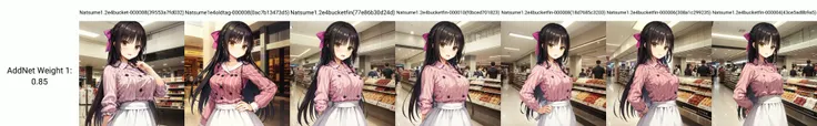 solo, Natsume, black hair, yellow eyes, mole under eye, long hair, hair bow, vertical-striped shirt, collared shirt, frilled skirt, waist apron, print apron, buttons, sleeves past elbows, arms on hips, (shopping mall:1.1)