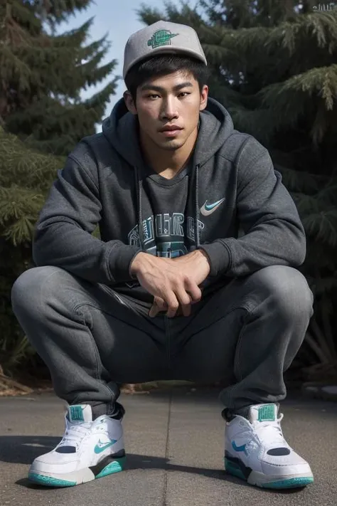 (high quality 8k UHD DSLR), (photorealistic:1.4), muscular (Asian:1.5) man, 22 year old squatting on the ground in an outdoor gym, baggy cargo pants, hoodie, commandforce sneakers, ultradetailed, fcPortrait