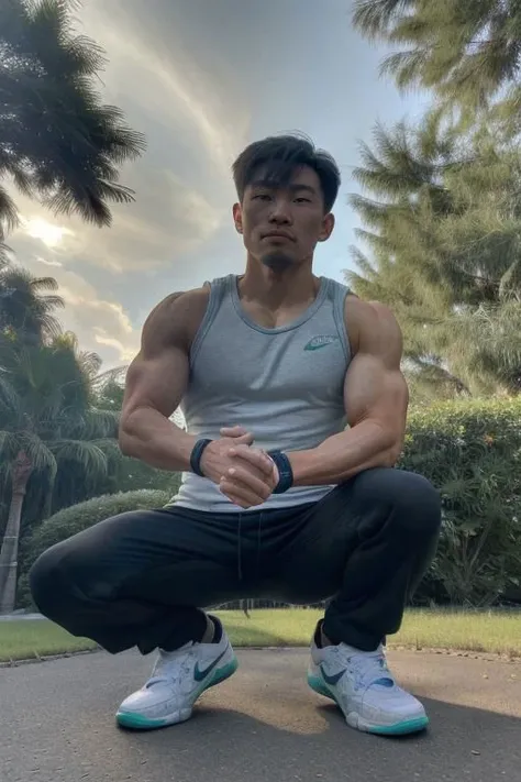 (high quality 8k UHD DSLR), (photorealistic:1.4), muscular (Asian:1.5) man, absurd detailed face, 22 year old, crouching on the ground, outdoor gym in background with workout equipment, baggy cargo pants, tight gym top, commandforce sneakers, ultradetailed, fcPortrait, detailed clothes,