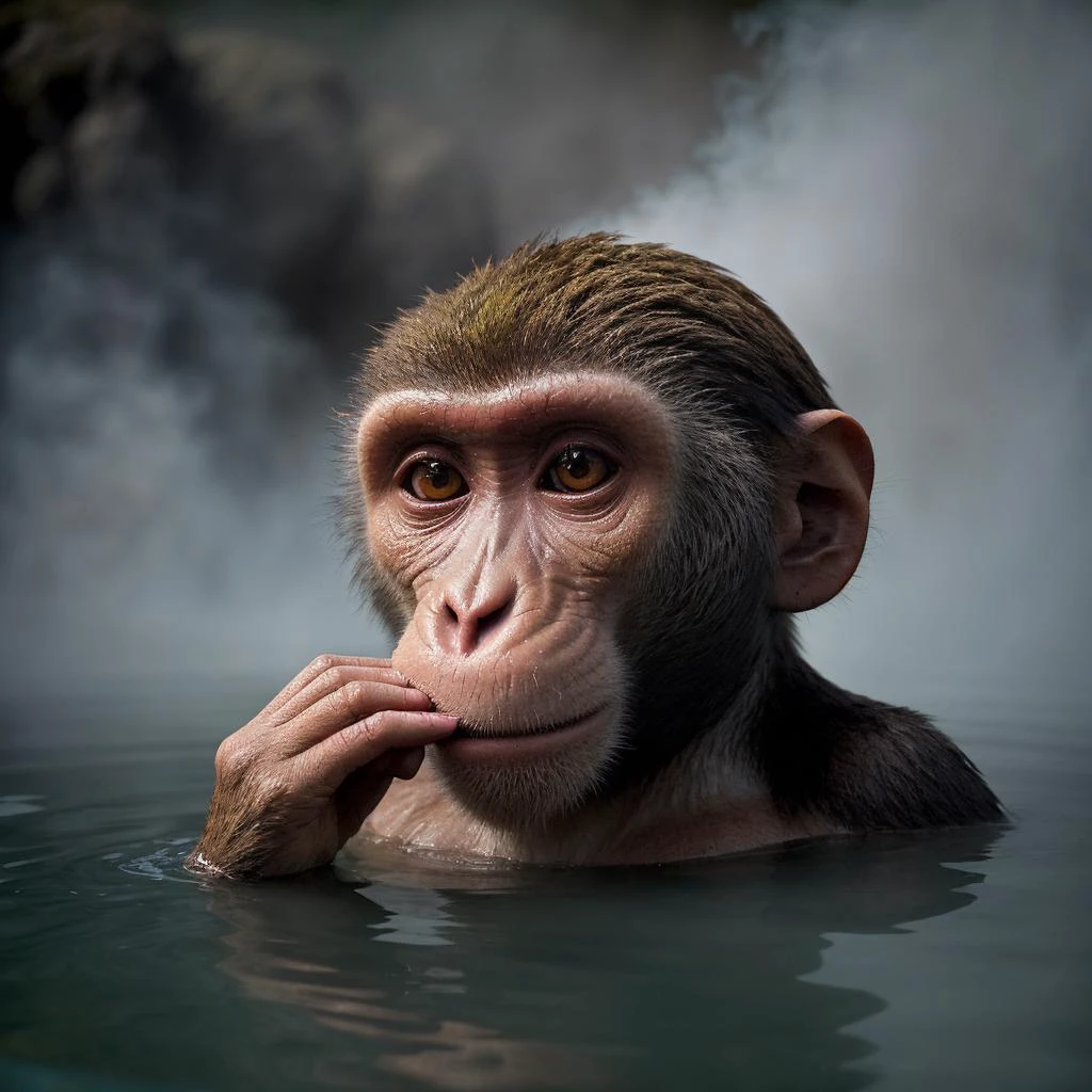 a monkey Macaca fuscata head sticking out from water of hotsprings bath,chilling in the hotsprings emerging from hotsprings water , smoke mist fog