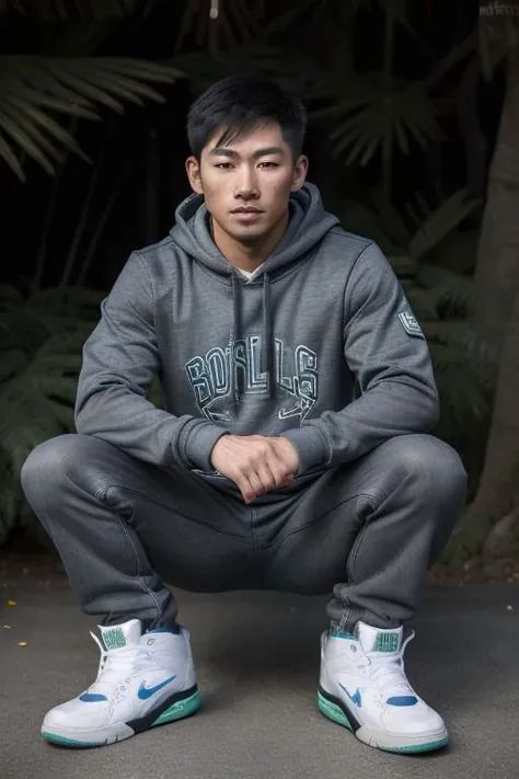 (high quality 8k UHD DSLR), (photorealistic:1.4), muscular (Asian:1.5) man, absurd detailed face, 22 year old, crouching on the ground, in an outdoor gym, baggy cargo pants, hoodie, commandforce sneakers, ultradetailed, fcPortrait, detailed clothes,