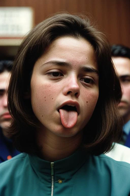 analog color photo by Ilford Delta ,closeup photo of a female judge in crowded court showing tongue, 30 yo high saturation <lora:tongue_v11:1>