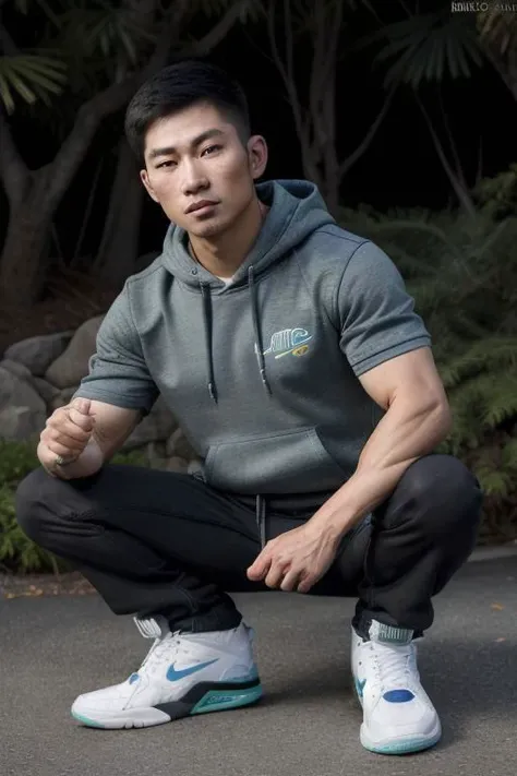 (high quality 8k UHD DSLR), (photorealistic:1.4), muscular (Asian:1.5) man, absurd detailed face, 22 year old, crouching on the ground, in an outdoor gym, baggy cargo pants, hoodie, commandforce sneakers, ultradetailed, fcPortrait, detailed clothes,