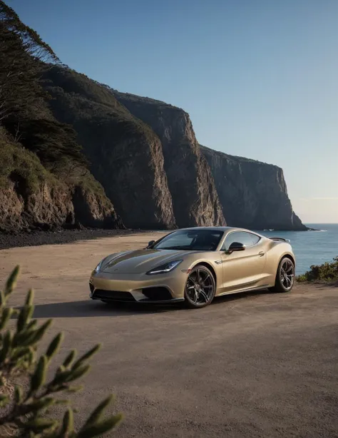 photo of a luxury sports car on top of a cliff in front of an ocean, [beige|silver] metallic paint, front side angle, sunny weather, summer day, [consistent proportions, aesthetic design and intricate composition, refined details, realism, authenticity, photorealistic, accurate colors and shades, true tone representation, authentic shadows, sharp focus, fine details, high resolution scene, subtle lighting and highlights, texture fidelity]