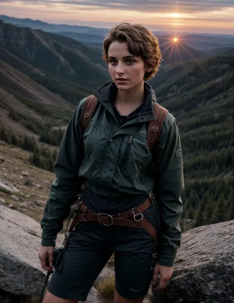 photo of a young girl of exquisite beauty posing for a picture on top of a rocky mountain, she is wearing professional climbing wear, she has short hair, it is a cold spring morning with a rising sun on the horizon <lora:more_details:0.6>, [hourglass body figure, consistent facial and body proportions, aesthetic design and intricate composition, refined body details, natural beauty, realism, authenticity, photorealistic, accurate colors and shades, true tone representation, authentic shadows, sharp focus, fine details, high resolution scene, subtle lighting and highlights, texture fidelity]