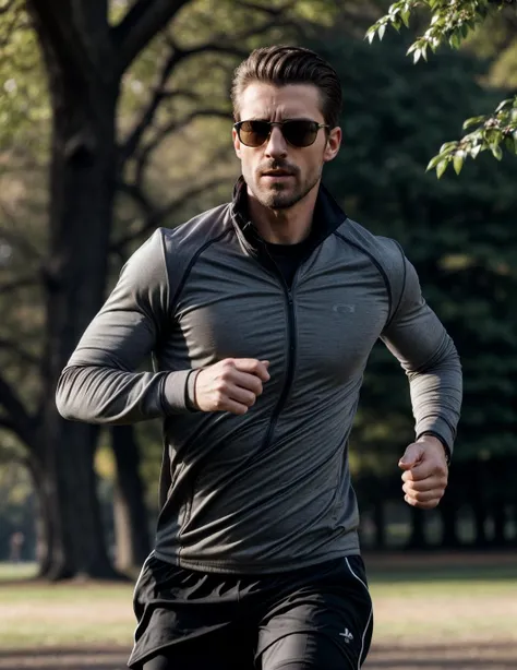 photo of a man running in a park, wearing dark shades, clear sky, cold morning, [consistent facial and body proportions, aesthetic design and intricate composition, refined body details, natural beauty, realism, authenticity, photorealistic, accurate colors and shades, true tone representation, authentic shadows, sharp focus, fine details, high resolution scene, subtle lighting and highlights, texture fidelity] <lora:more_details:0.6>