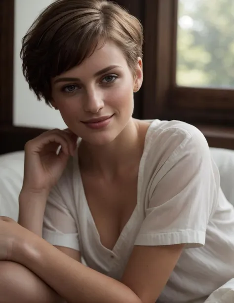 portrait photo of a young woman of exquisite feminine beauty, wearing casual shirt, short hair, looking at the viewer with a short smile, [consistent facial and body proportions, aesthetic design and intricate composition, refined body details, natural beauty, realism, authenticity, photorealistic, accurate colors and shades, true tone representation, authentic shadows, sharp focus, fine details, high resolution scene, subtle lighting and highlights, texture fidelity]