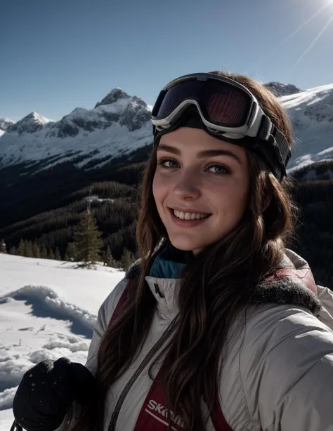 photo of a young girl of exquisite beauty posing for a picture on a snowy mountain, she is wearing ski goggles, she has long hair, she is smiling, snowy weather, cold winter evening, ski gear <lora:more_details:0.7>, [consistent facial and body proportions, aesthetic design and intricate composition, refined body details, natural beauty, realism, authenticity, photorealistic, accurate colors and shades, true tone representation, authentic shadows, sharp focus, fine details, high resolution scene, subtle lighting and highlights, texture fidelity]