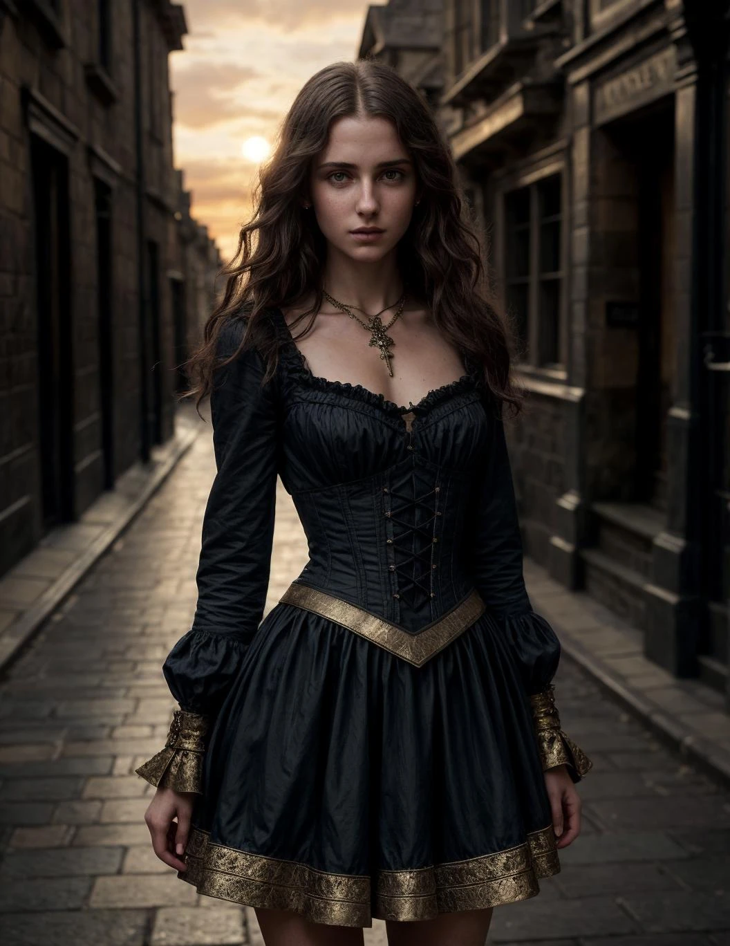 close-up upper body photo of a 18 years old British girl with exquisite feminine beauty, she has wide hips and slim waist, she is standing on a street of Victorian London, the city is softly illuminated by the sunset, she is wearing an elegant traditional dress, she is looking at the viewer, it is a cold winter evening, (Style-Renaissance:0.6) <lora:more_details:0.5>, [hourglass body figure, consistent facial and body proportions, aesthetic design and intricate composition, refined body details, natural beauty, realism, authenticity, photorealistic, accurate colors and shades, true tone representation, authentic shadows, sharp focus, fine details, high resolution scene, subtle lighting and highlights, texture fidelity]