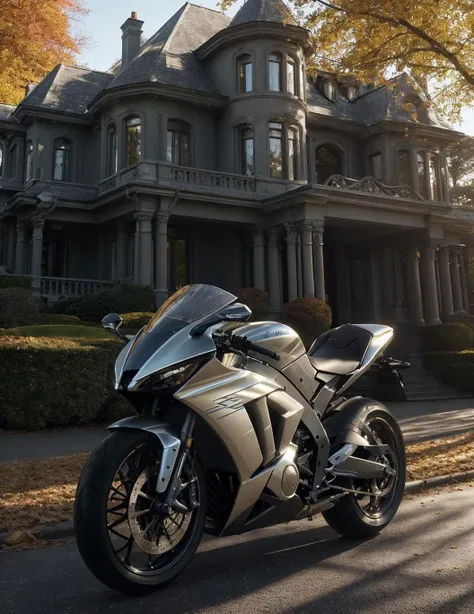 photo of a futuristic sport bike in front of a mansion, reflective metallic paint, side front angle view, sunny weather, autumn day, [consistent proportions, aesthetic design and intricate composition, refined details, realism, authenticity, photorealistic, accurate colors and shades, true tone representation, authentic shadows, sharp focus, fine details, high resolution scene, subtle lighting and highlights, texture fidelity]