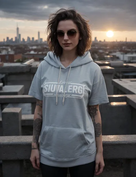 photo of a young (punk girl) of exquisite feminine beauty, standing in front of a city skyline softly illuminated by a distant sunrise, wearing a large shades and casual shirt with a hoodie and leggings, short messy hair, tattoos, piercing, looking at the viewer with a short smile, cloudy sky, sunny weather, warm summer morning, [consistent facial and body proportions, aesthetic design and intricate composition, refined body details, natural beauty, realism, authenticity, photorealistic, accurate colors and shades, true tone representation, authentic shadows, sharp focus, fine details, high resolution scene, subtle lighting and highlights, texture fidelity]