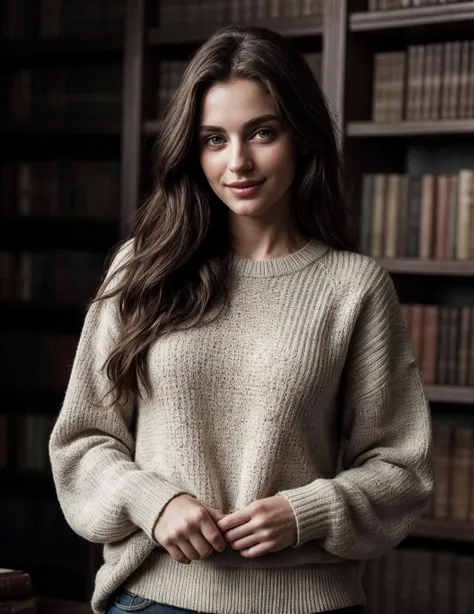 full body photo of a charming and tender woman, exquisite feminine beauty, joyfully standing in a library, wearing a sweater, long hair and kind eyes, she is looking at the viewer with a gentle smile <lora:more_details:0.65>, [consistent facial and body proportions, aesthetic design and intricate composition, refined body details, natural beauty, realism, authenticity, photorealistic, accurate colors and shades, true tone representation, authentic shadows, sharp focus, fine details, high resolution scene, subtle lighting and highlights, texture fidelity]