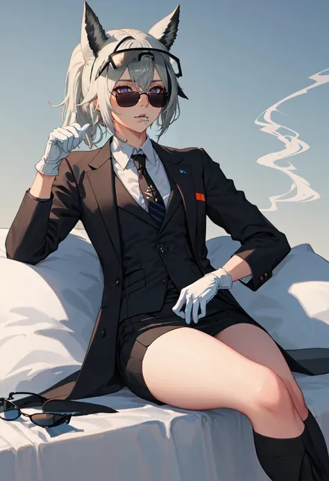 best quality, masterpiece, highres, solo, (frostleaf_arknights:1.10), (black business suit:1.40), (tie:1.20), (sunglasses:1.25), (white gloves:1.15), (white shirt:1.10), (black skirt:1.15), (smoking:1.20), handsome, 24 <lora:frostleaf_arknights:0.80>