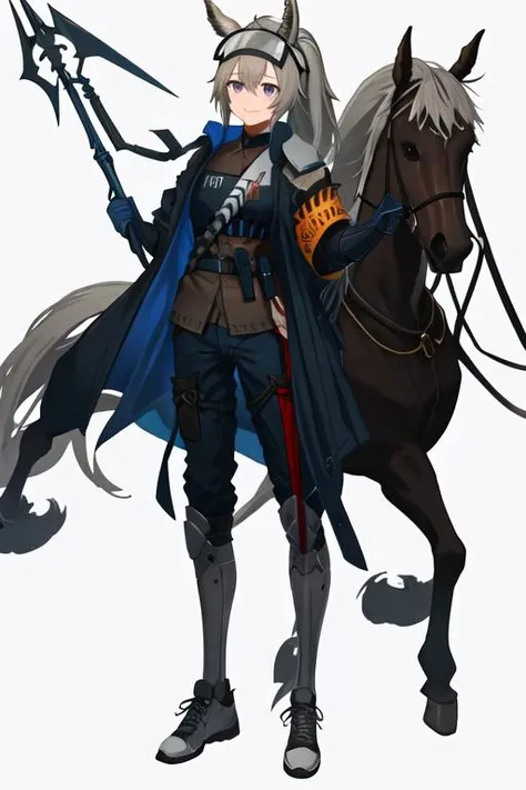 best quality, masterpiece, highres, solo, {grani_arknights:1.15}, animal_ears, grey_hair, long_hair, horse_ears, ponytail, bangs, hair_between_eyes, purple_eyes, smile, upper_body, visor_cap, armband, 1girl, armor, blue_coat, blue_pants, brown_shirt, coat, full_body, gloves, grey_footwear, hip_vent, holding, holding_polearm, holding_weapon, horse_girl, looking_at_viewer, open_clothes, pants, polearm, shirt, shoes, weapon, black_gloves, greaves, grey_eyes, horse_tail, open_coat, sneakers, tail, jacket, multiple_straps, popped_collar, simple_background, spear, standing, white_background