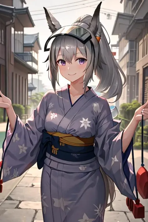 best quality, masterpiece, highres, solo, {yukata:1.40}, {kimono:1.20}, {grani_arknights:1.15}, animal_ears, grey_hair, long_hair, horse_ears, ponytail, bangs, hair_between_eyes, purple_eyes, smile, upper_body, visor_cap, armband
