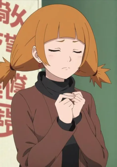 <lora:moegi:0.6>,moegi, 1girl, solo, bangs, brown hair, twintails, jewelry, closed mouth, closed eyes, earrings, blunt bangs, orange hair, turtleneck, parody, anime coloring