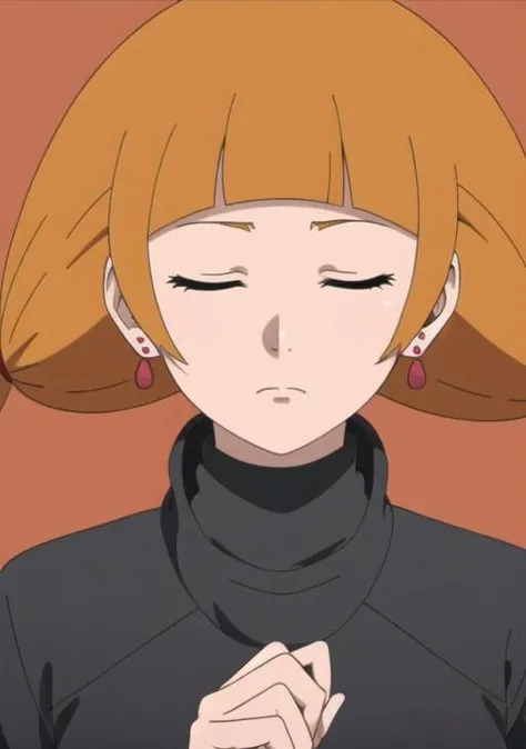<lora:moegi:0.6>,moegi, 1girl, solo, bangs, brown hair, twintails, jewelry, closed mouth, closed eyes, earrings, blunt bangs, orange hair, turtleneck, parody, anime coloring