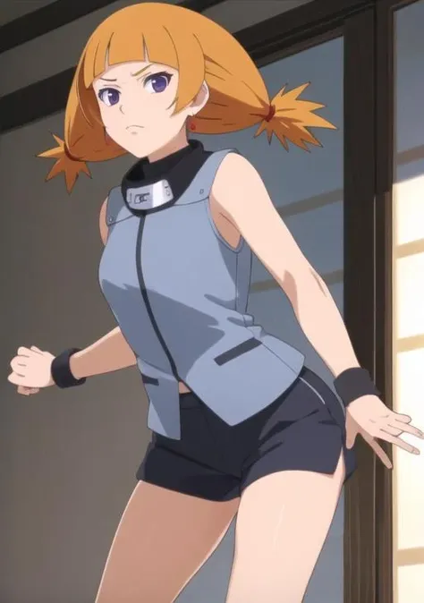 <lora:moegi:0.6>,moegi, 1girl,bangs, twintails, jewelry, purple eyes, earrings, sleeveless, blunt bangs, orange hair, vest, parody, short twintails, wristband,