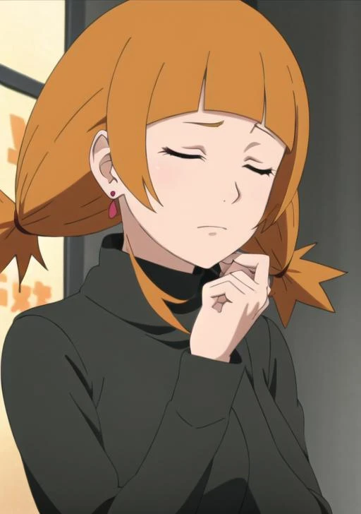 <lora:moegi:0.6>,moegi, 1girl, solo, bangs, brown hair, twintails, jewelry, closed mouth, closed eyes, earrings, blunt bangs, orange hair, turtleneck, parody, anime coloring