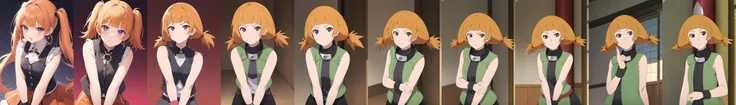 <lora:moegi:0.1>moegi, 1girl, solo, looking at viewer, bangs, twintails, jewelry, purple eyes, earrings, sleeveless, blunt bangs, orange hair, vest, parody, short twintails, wristband, anime coloring