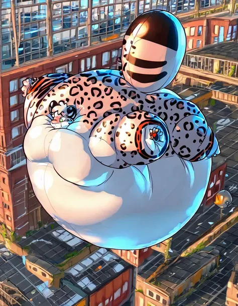 score_9, score_8_up, score_7_up, score_6_up, score_5_up, score_4_up, solo, snow leopard, anthro, male, felid, pantherine, , inflating, floating, living inflatable, expansion, spherical inflation, puffed legs, puffed arms, puffed tail, on front, tail up, tethered, by grinn3r <lora:MaleInflationXL-01-Pony-e100:1>