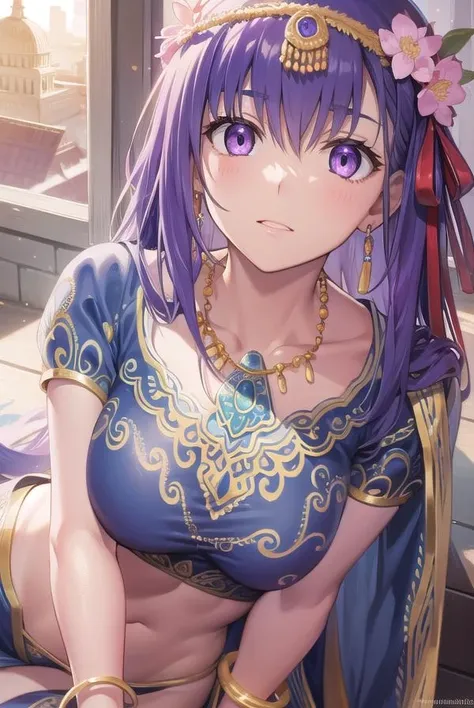 parvati, parvati, long hair, (purple eyes: 1.1), purple hair, , huge chest, hands on chest, BREAK bracelet, flower, hair flower, hair ornament, Indian clothing, jewelry, necklace, side slit , BREAK looking at the viewer, (masterpiece: 1.2), best quality, high resolution, Unity 8k wallpaper, (artwork: 0.8), (detailed beautiful eyes: 1.6), extremely detailed face, perfect lighting, Extremely detailed CG, (perfect hands, perfect anatomy),