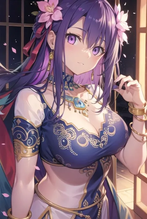 high quality, ultra detailed, best quality, insanely detailed, beautiful, masterpiece, 1girl, medieval plaza, cowboy shot, red eyes, long hair, purple hair, belly dancer, circlet, earrings, armlets, bracelets, bashful smile, large breasts, cleavage, soft stomach