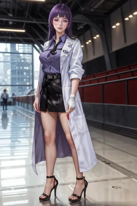8K,highres,absurdres,masterpiece,best quality,original,extremely detailed CG,extremely detailed wallpaper,perfect lighting,<lyco:GoodHands-beta2:1>,1girl,blurry_background,looking_at_viewer,standing,
<lora:DrMEI:0.7>,DrMEI,long hair,black skirt,large breasts,collared shirt,fingerless gloves,purple eyes,purple hair,glasses,black gloves,white coat,black necktie,sleeves rolled up,labcoat,polo shirt,