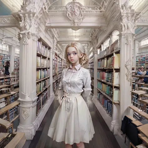 <lora:20240102-1704199294717-0020_1:0.9> aesthetic style, girl standing in a library