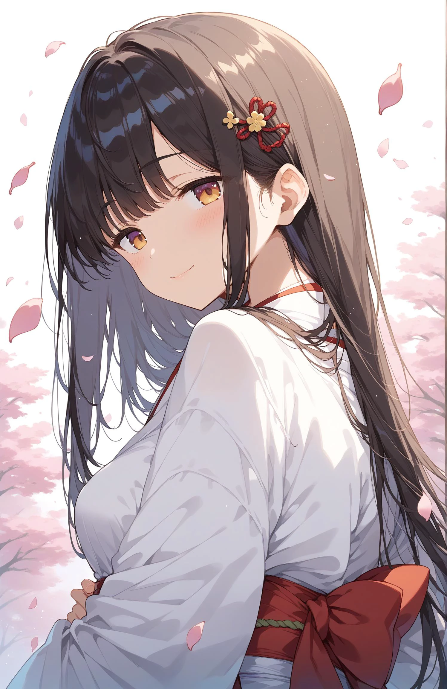 score_9,score_8_up,score_7_up,masterpiece,best quality,absurdres,unity 8k wallpaper,official art,official style,source_anime,uncensored,game cg,megami magazine,(ai-generated:0.6),best quality,masterpiece,
BREAK 1girl,(cowboy shot)(overhead shot),close up,from back,(black hair,very long hair),,head tilt,(light smile,blush,half closed eyes:1.2),(Over-the-shoulder pose,Over-the-shoulder, backward glance, twist at waist, upper body turned, gaze directed behind, alluring, captivating, looking back, head tilt, coquettish),hairpinãmiddle breasts, solo, , ,white kimono, obi, pink, traditional japanese, sakura petals,, sakura leaves,, tassels, , , preparing to swing, focused expression, cherry blossoms in hair, sakura petals falling, sakura petals, traditional japanese hairstyle, traditional japanese clothing, young, serene, (white background), zen-like pose BREAK ,score_9, score_8_up, score_7_up, BREAK source_anime, rating_explicit, best quality, masterpiece, (uncensored),, <lora:bra_embellishments_enhancer_XL_v01a:1> ,<lora:Fixhands_anime_bdsqlsz_V1:1> <lora:skindentation:0.5>, <lora:ALTXL_001_4:0.4>