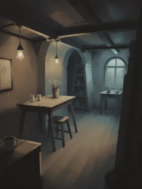 vintage speedpaint, noon, scenery, basement by a party<lora:EnvyStarlightVintageSpeedpaint01:1>