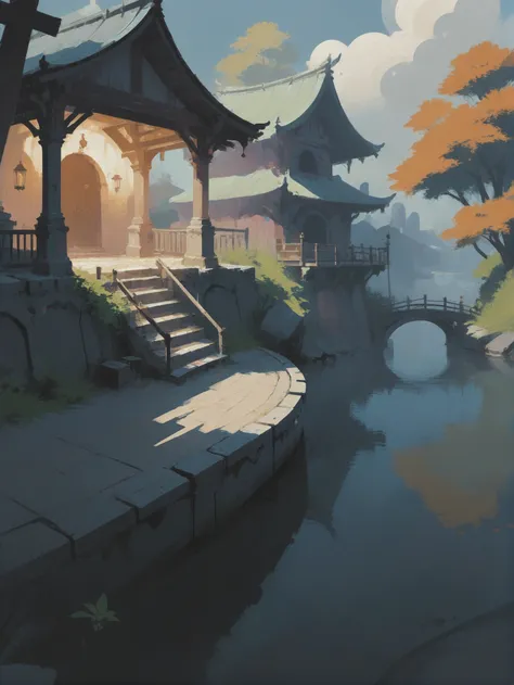 impressionist,anime speedpaint, Religious Amphitheater \(room\) in a rustic,cheerful fantasy village in a Mystic River Delta<lora:EnvyStarlightVintageSpeedpaint01:1>