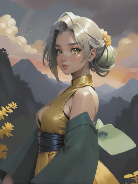 impressionist speedpaint, 1girl, woman, (rainbow lamia slime:1.3), pose, (kimono, shoulder cutout:1.2) [:skimpy costume design:0.2], bombshell hair, slate gray hair with forest green highlights, long hair, palegoldenrod clothes, thicc hourglass figure, small breasts, caucasian, seductive smile, golden hour, blue sky, clouds, scenery, "at the Otherworldly Apocalypse"<lora:EnvyStarlightVintageSpeedpaint01:1>