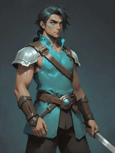 anime speedpaint, (full body:1.2), 1boy, man, bishounen, solo, [:outlandish costume design,:0.2] barbarian, mediumturquoise (tribal ring mail greaves,gauntlets,armor,pauldrons,bracers:1), chinese, peru hair, (athletic:1) build, Virtual Reality Training Room \(room\) <lora:EnvyStarlightVintageSpeedpaint01:1>