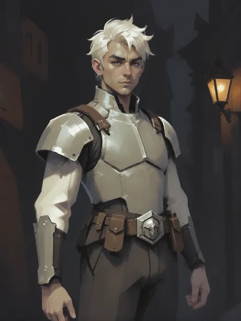 vintage speedpaint, (full body:1.2), 1boy, man, ruggedly handsome, solo, [:creative costume design,:0.2] warrior, (sci-fi bronze plate shield,pauldrons,chestplate:1), caucasian, whitesmoke hair, (slim:1) build, whimsical fantasy town at the end of reality<lora:EnvyStarlightVintageSpeedpaint01:1>